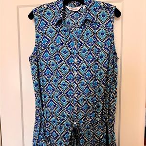 Tribal print jumpsuit in cotton with collar, cinching at waist, back pockets XL
